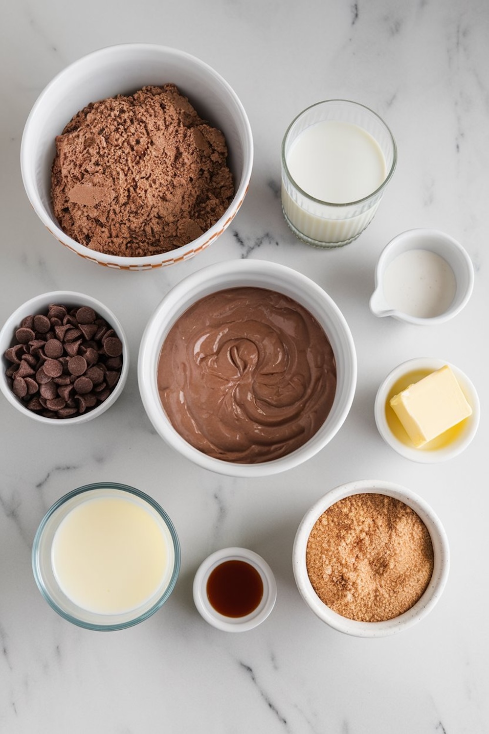 An assortment of baking essentials laid out on a marble countertop, including cocoa powder, chocolate chips, milk, butter, brown sugar, and vanilla extract. Each ingredient is ready to be transformed into a decadent chocolate dump cake.