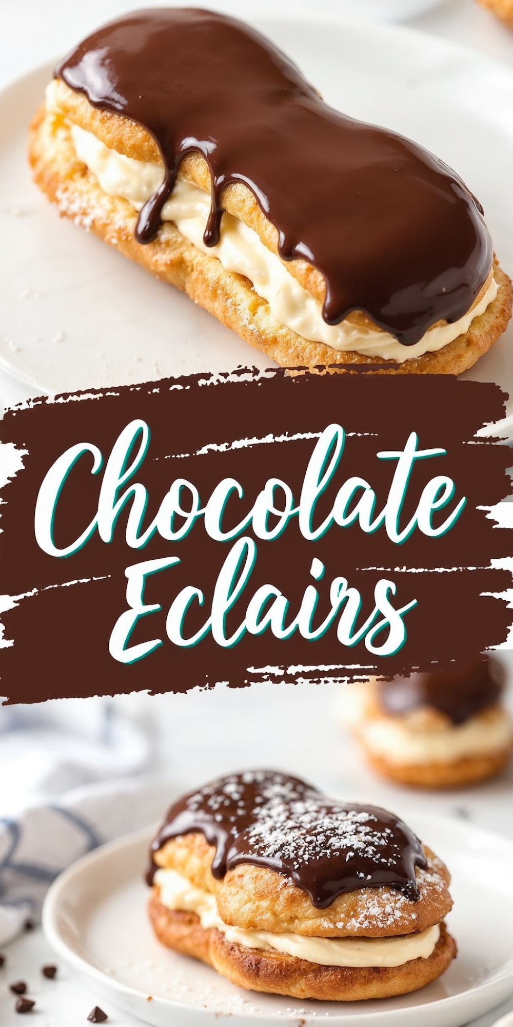 A collage with two views of chocolate éclairs: the top image shows a single éclair with smooth chocolate glaze and cream filling on a white plate, while the bottom image shows éclairs with powdered sugar dusting, chocolate glaze, and cream filling in a rustic presentation.