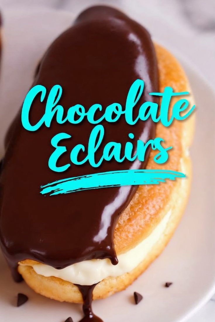 Close-up of a single chocolate éclair on a white plate, featuring a glossy chocolate glaze on top, creamy vanilla filling, and text overlay reading “Chocolate Eclairs” in bold turquoise lettering.