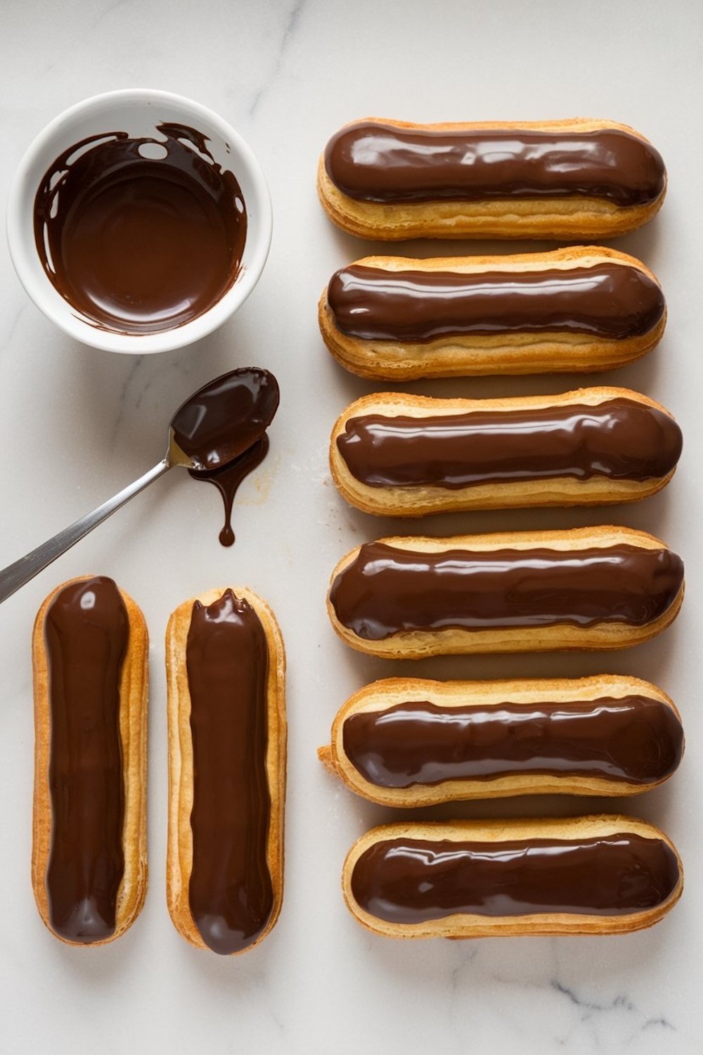 A top-down view of freshly glazed éclairs arranged neatly on a white surface, alongside a bowl of melted chocolate and a spoon with dripping chocolate.