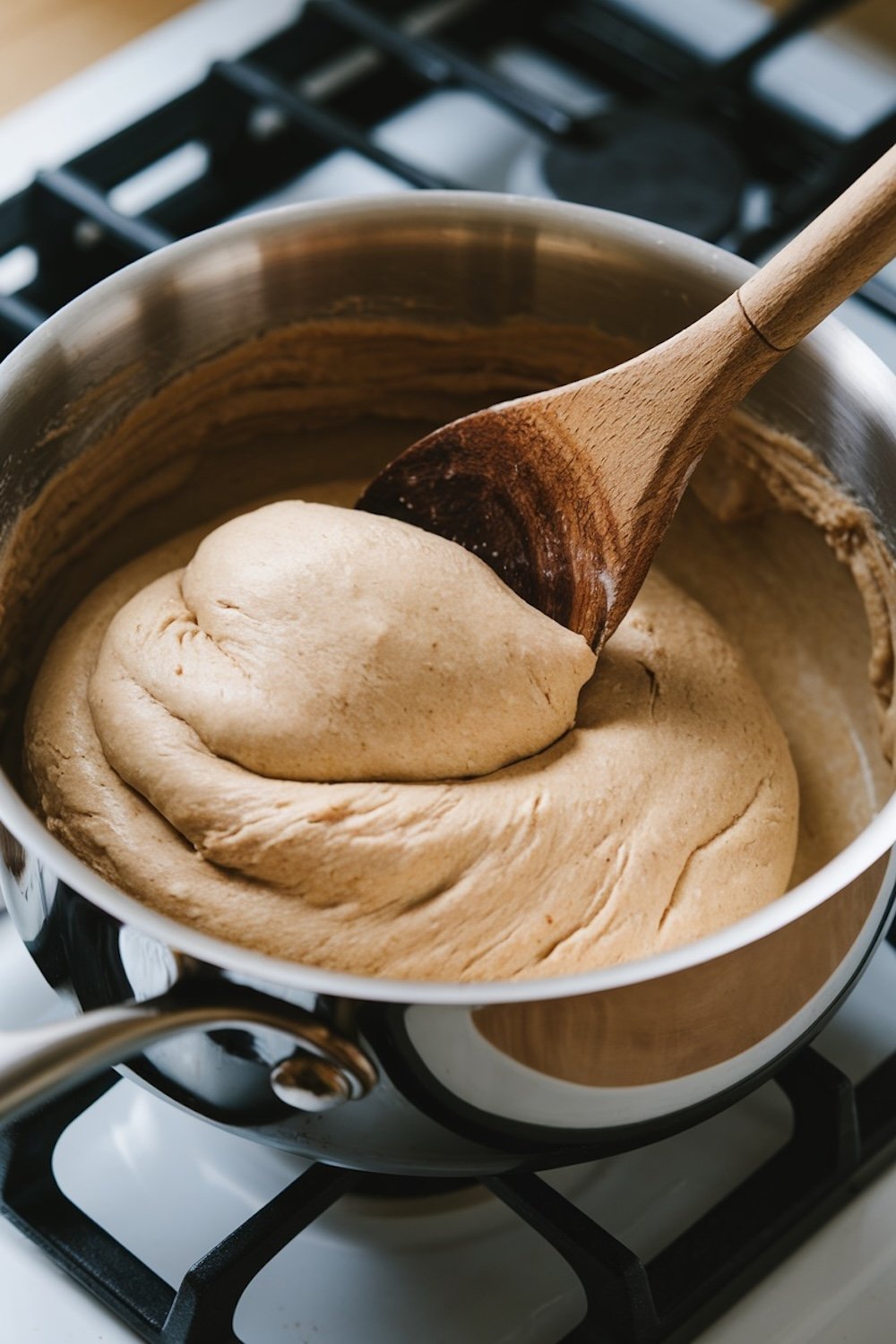 A saucepan on a stovetop containing thick, smooth choux pastry dough being stirred with a wooden spoon, demonstrating the cooking stage of éclair dough.