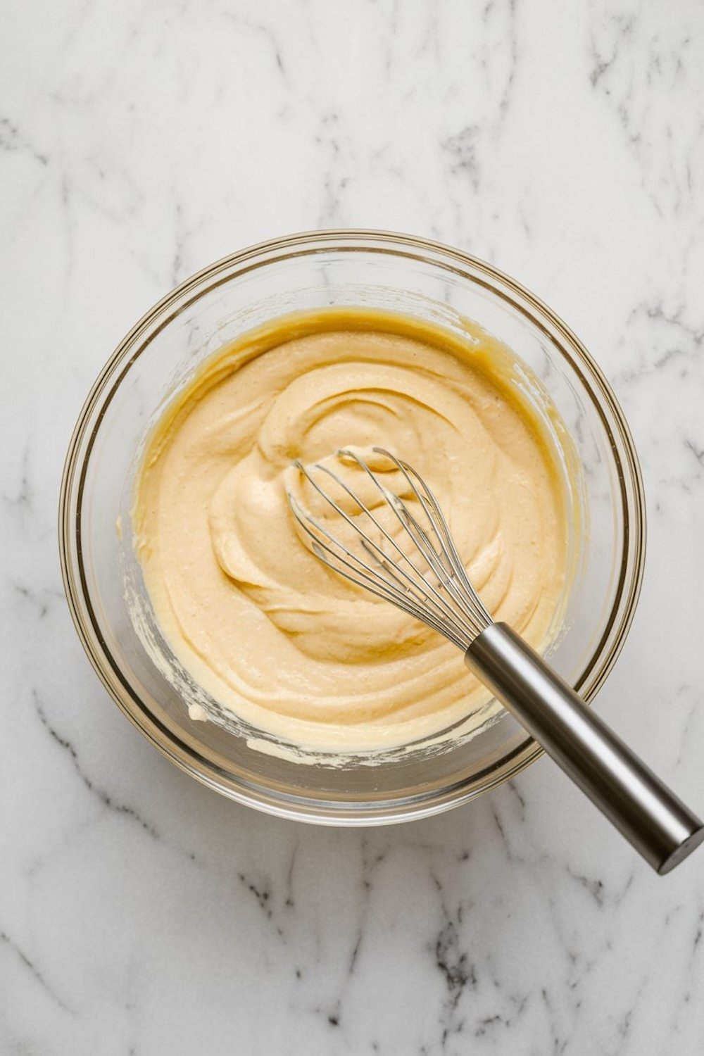 A glass bowl with smooth, creamy pastry dough being whisked, placed on a white marble surface, showcasing the preparation process for éclairs.