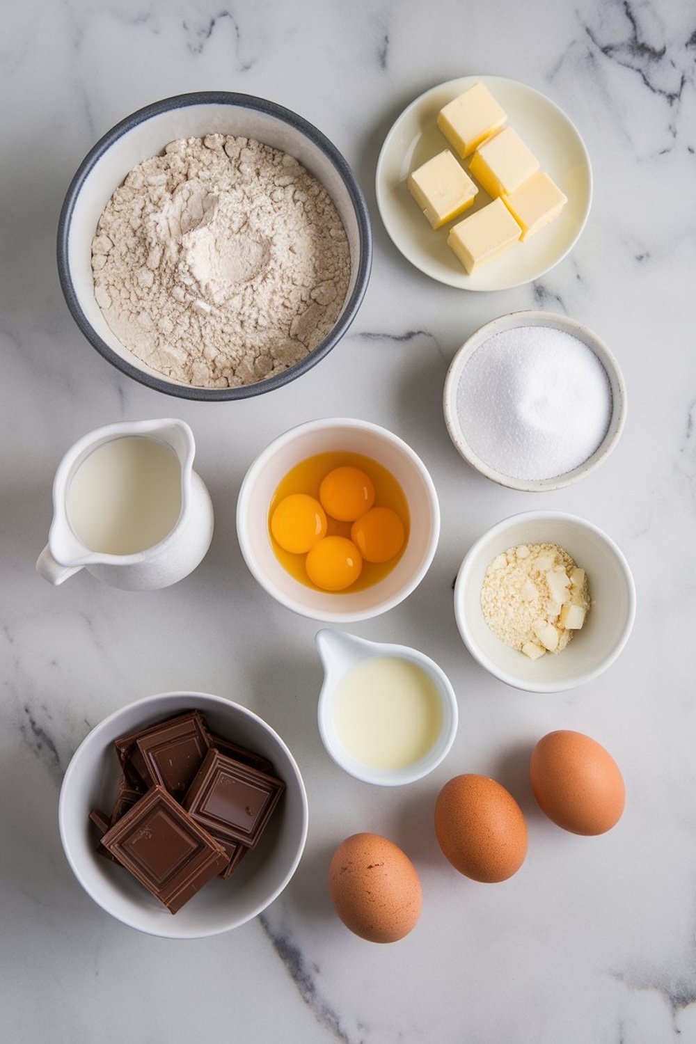 An assortment of ingredients for éclairs displayed on a marble countertop, including flour, sugar, butter cubes, chocolate squares, eggs, milk, and cream, organized in small bowls and plates.