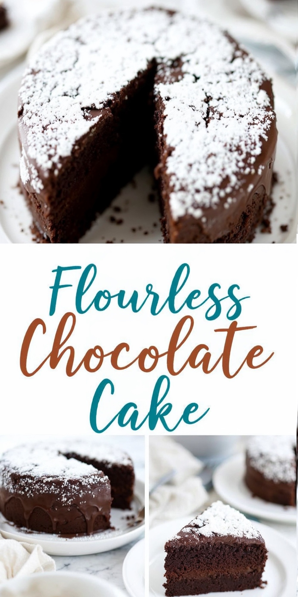 A collage featuring a flourless chocolate cake. The top image shows a whole cake dusted with powdered sugar and a slice removed to reveal the fudgy interior. The bottom images highlight individual slices with text that reads “Flourless Chocolate Cake.”