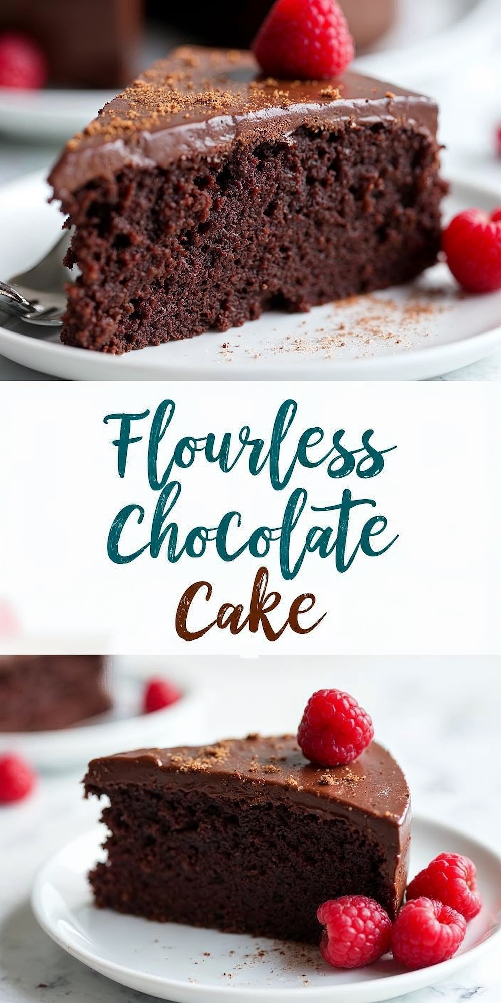 A close-up of a slice of flourless chocolate cake on a white plate, dusted with powdered sugar. A fork lies beside the slice, and the texture of the cake is emphasized.