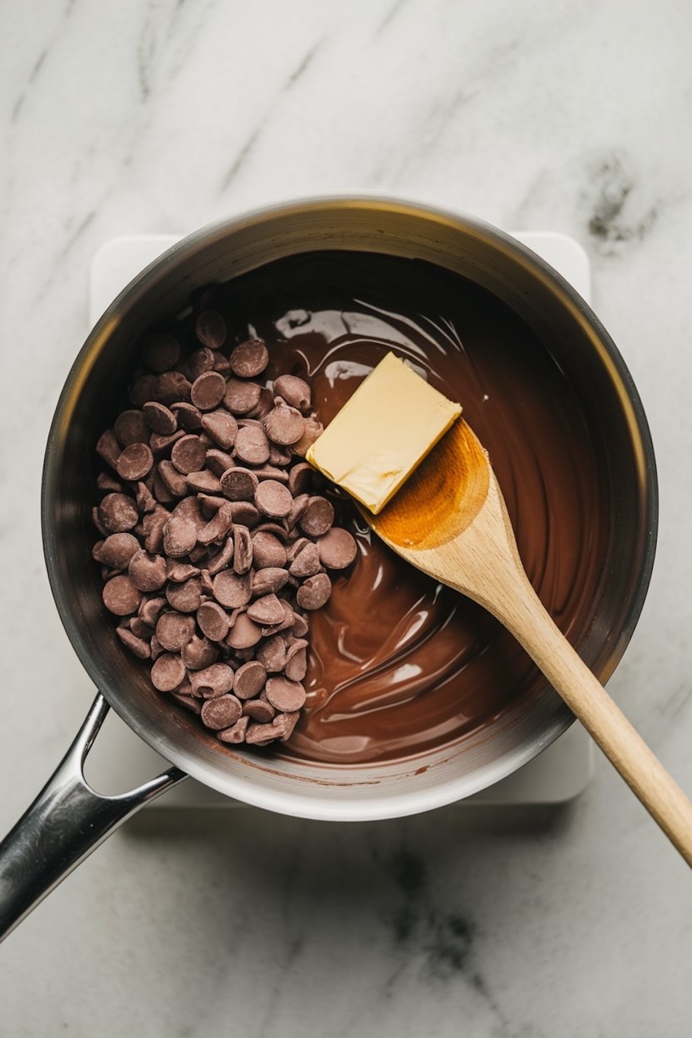 A saucepan containing chocolate chips and butter melting together. A wooden spoon rests in the pan, with the chocolate beginning to melt into a glossy mixture.