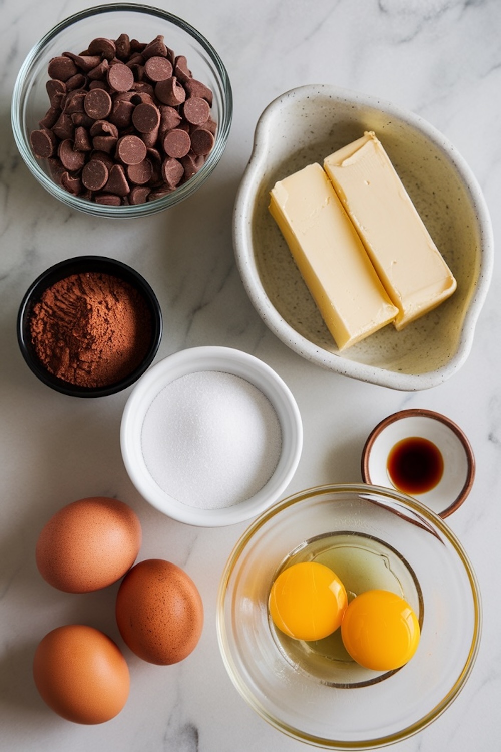  A flat lay of ingredients for a flourless chocolate cake, including chocolate chips, butter, cocoa powder, eggs, sugar, and vanilla, arranged in bowls on a marble surface.