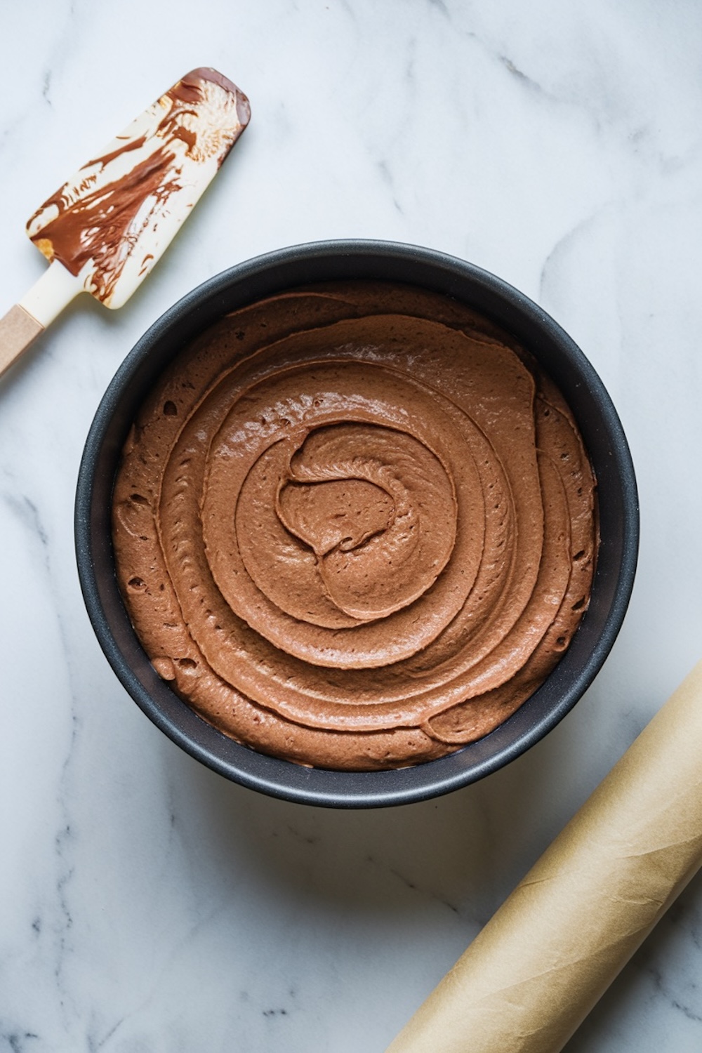 A round cake pan filled with swirled chocolate batter, ready for baking. A spatula with residual batter lies next to the pan on a marble countertop.