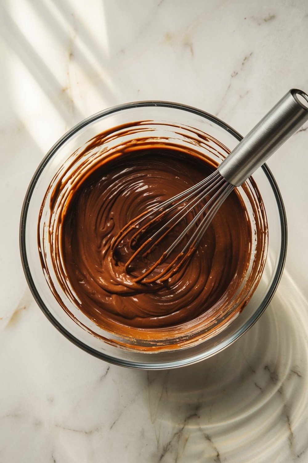 A glass bowl with glossy, melted chocolate batter being whisked. The bowl is placed on a marble surface with light streaming across.