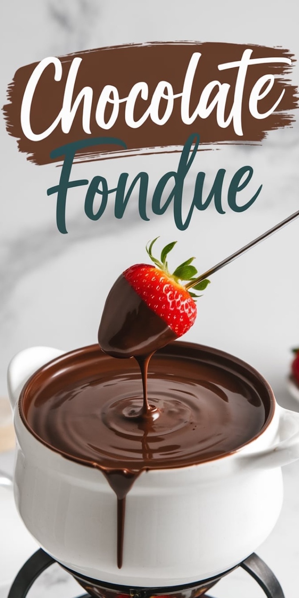 Close-up of a strawberry dipped in melted chocolate, dripping chocolate back into a bowl. Text overlay reads “Chocolate Fondue,” emphasizing the rich, glossy texture.