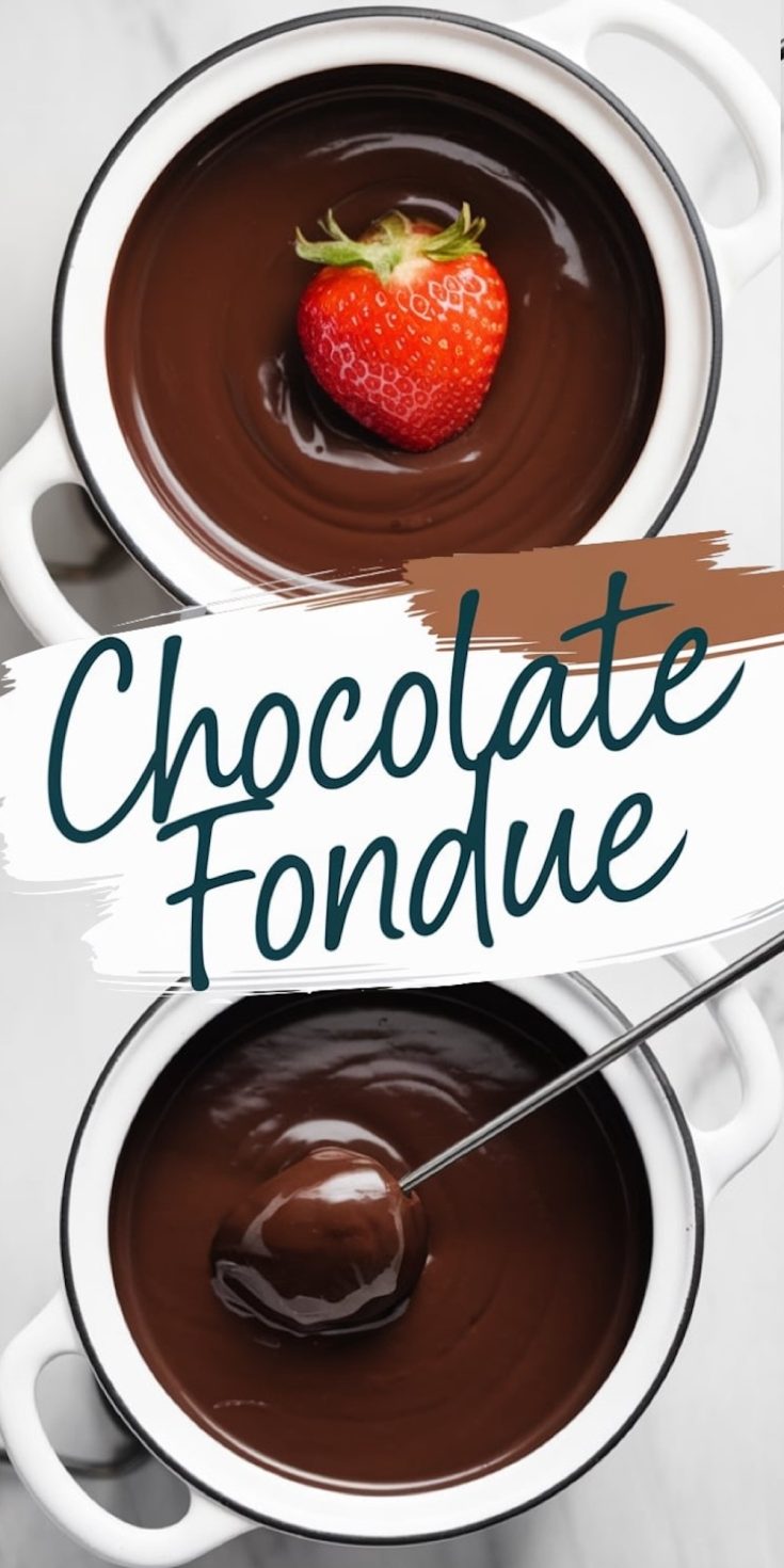 Collage of a strawberry in melted chocolate. The top image shows the strawberry floating on the chocolate surface, while the bottom image displays it dipped with a skewer. Text overlay reads “Chocolate Fondue.”