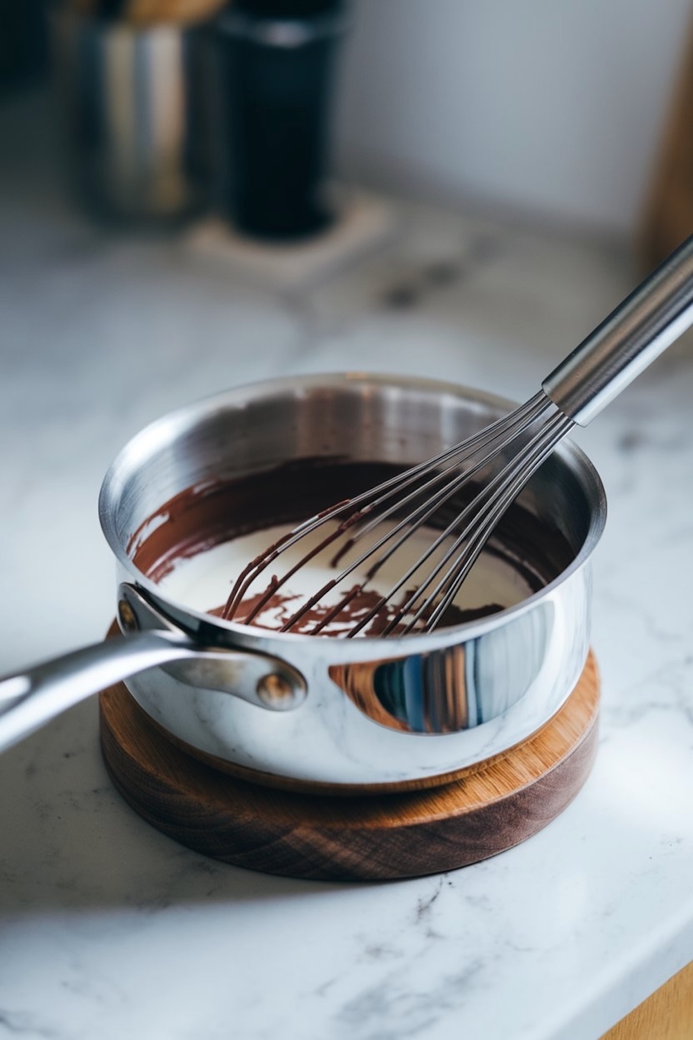 A saucepan of melted chocolate and cream with a whisk, placed on a wooden coaster on a marble countertop. The preparation process showcases the smooth and creamy consistency of the chocolate.