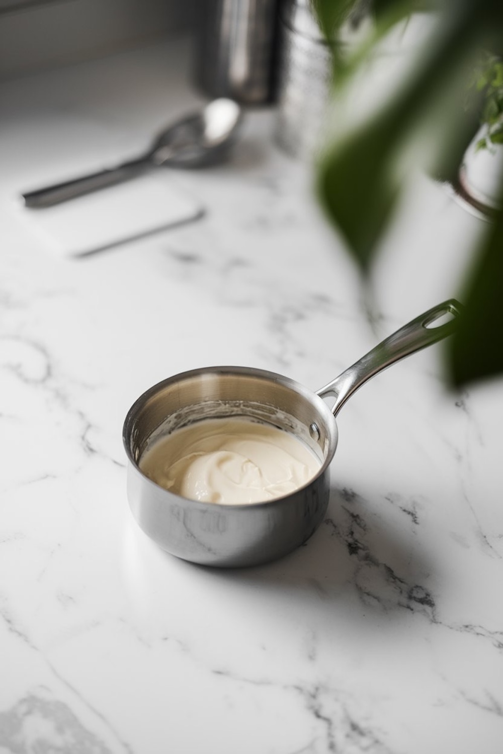 A small stainless steel saucepan containing melted white chocolate, sitting on a marble surface. The texture highlights the creamy and smooth consistency of the chocolate.