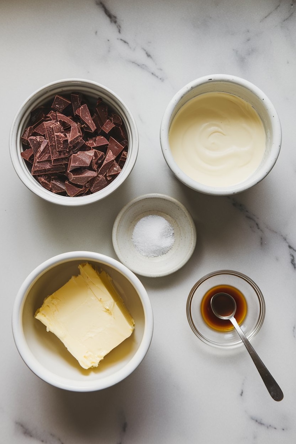 Overhead view of chocolate fondue ingredients, including chopped chocolate, butter, cream, sugar, and vanilla extract, all arranged in small bowls on a white marble background.