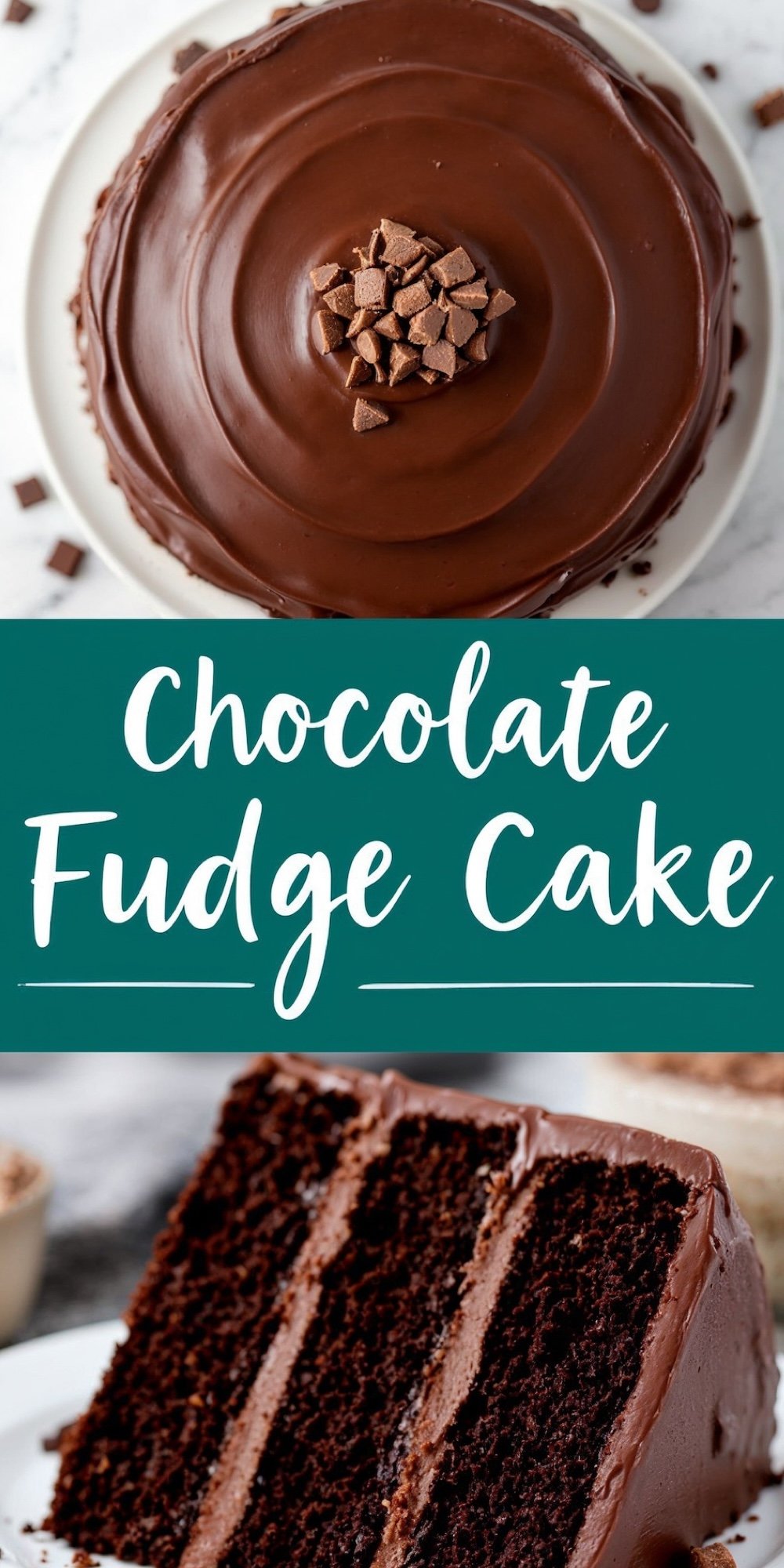 A collage featuring a whole chocolate fudge cake on top, decorated with a flawless ganache swirl and chocolate chunks, and a slice of the cake at the bottom revealing moist, fudgy layers. The text “Chocolate Fudge Cake” is prominently displayed, enhancing the appeal of this decadent layered dessert.