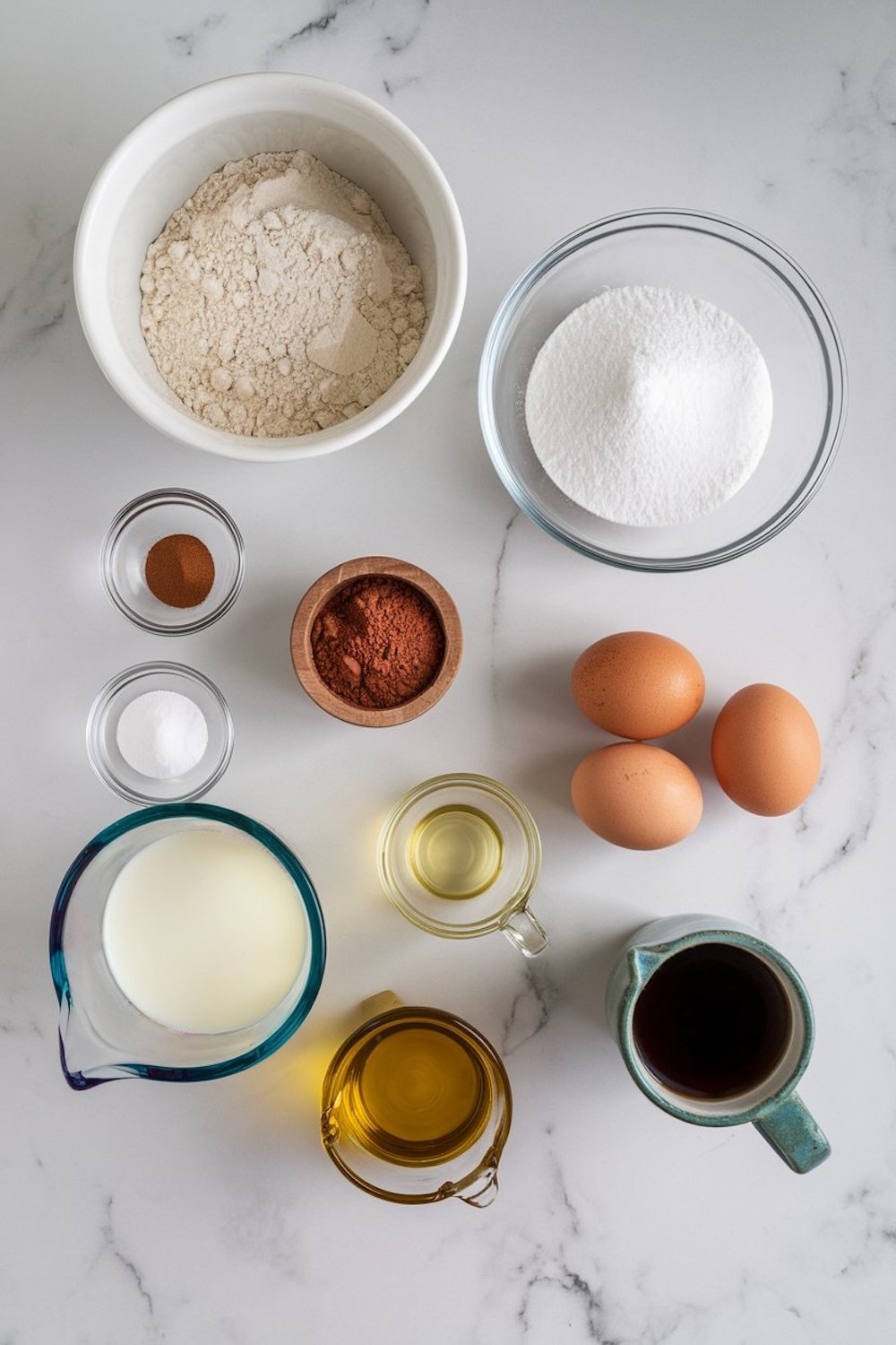 A flat lay of ingredients for chocolate fudge cake arranged neatly on a marble surface. Bowls contain flour, sugar, cocoa powder, eggs, milk, oil, and coffee, showcasing the essential components needed to create a moist and decadent cake.