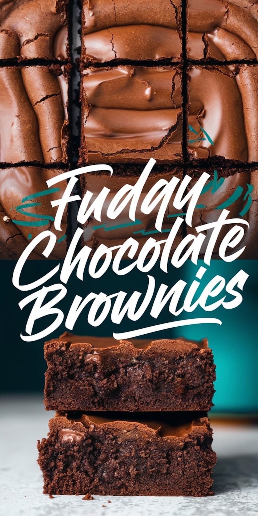 A collage of fudgy chocolate brownies featuring two sections. The top shows a close-up of brownies with a crackly top. The bottom section highlights two thick brownie squares with a moist and gooey texture. Text reads “Fudgy Chocolate Brownies.”