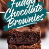 A collage of fudgy chocolate brownies with two sections. The top shows the glossy, crackled surface of freshly baked brownies. The bottom section features two moist and thick brownie slices stacked to showcase their gooey texture. Text reads “Fudgy Chocolate Brownies.”