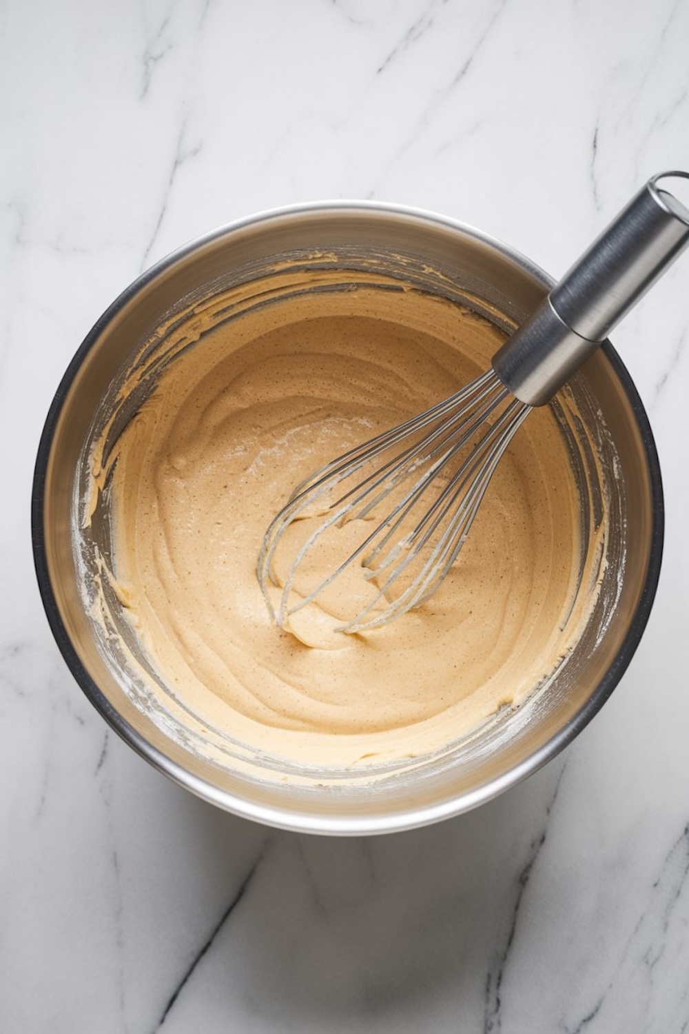 A metal mixing bowl with smooth funnel cake batter, freshly whisked to a creamy consistency. A silver whisk rests in the bowl, placed on a white marble countertop.