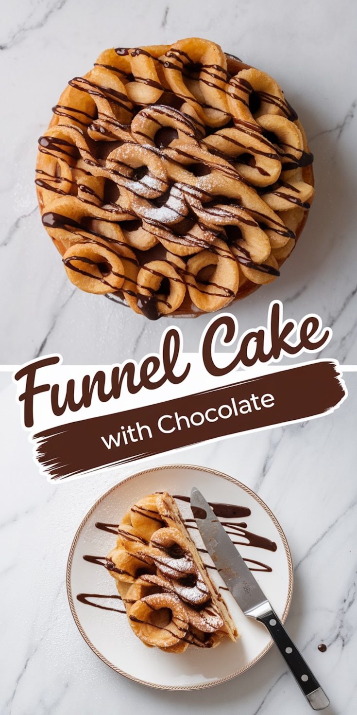 A collage showcasing a whole chocolate-drizzled funnel cake with powdered sugar on top and a plated slice of the funnel cake with chocolate drizzle and a knife on a white marble surface. The text overlay reads “Funnel Cake with Chocolate.”