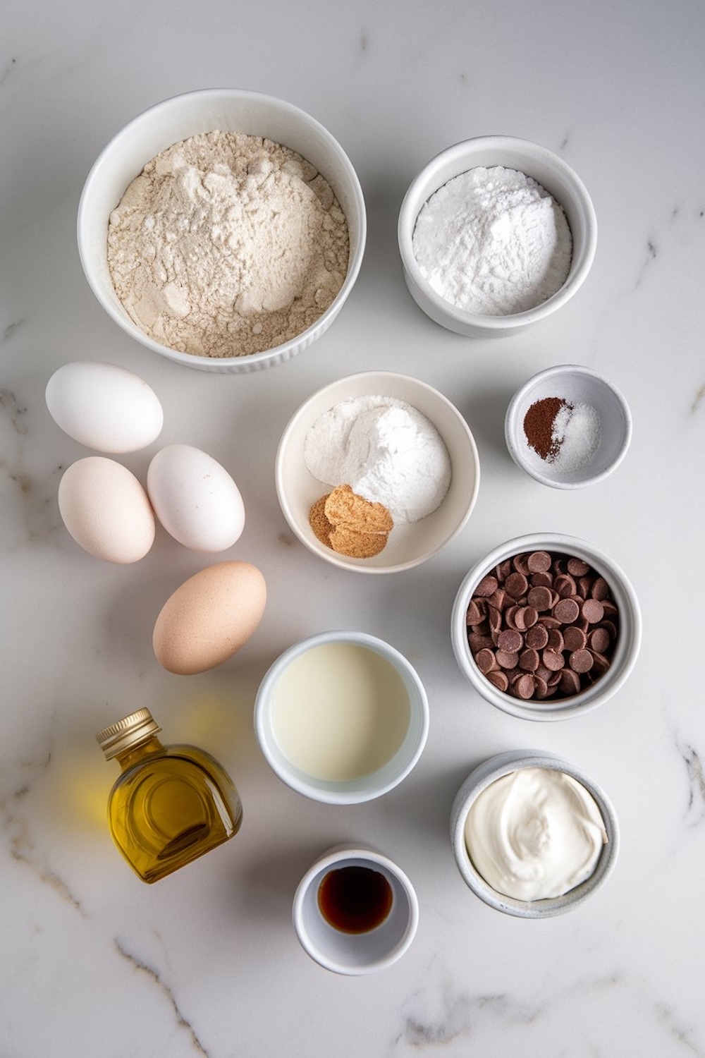 A flat lay of ingredients for funnel cake, including flour, powdered sugar, eggs, chocolate chips, milk, yogurt, vanilla extract, olive oil, baking powder, and spices, arranged neatly in white bowls on a marble surface.