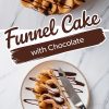 A top view of a funnel cake drizzled with chocolate syrup and dusted with powdered sugar, displayed on a marble surface. Below is a close-up of a plated slice of the funnel cake with chocolate drizzle and a knife placed on the edge of the plate. The text overlay reads “Funnel Cake with Chocolate.”