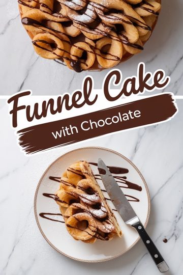 A top view of a funnel cake drizzled with chocolate syrup and dusted with powdered sugar, displayed on a marble surface. Below is a close-up of a plated slice of the funnel cake with chocolate drizzle and a knife placed on the edge of the plate. The text overlay reads “Funnel Cake with Chocolate.”