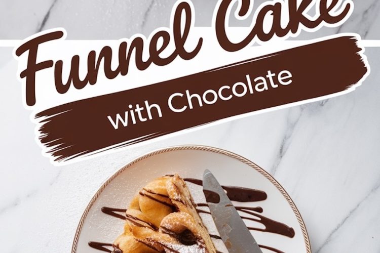 A top view of a funnel cake drizzled with chocolate syrup and dusted with powdered sugar, displayed on a marble surface. Below is a close-up of a plated slice of the funnel cake with chocolate drizzle and a knife placed on the edge of the plate. The text overlay reads “Funnel Cake with Chocolate.”
