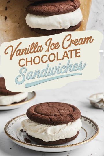 A close-up of a chocolate ice cream sandwich. Vanilla ice cream is sandwiched between two soft chocolate cookies, presented on a white decorative plate with gold detailing.