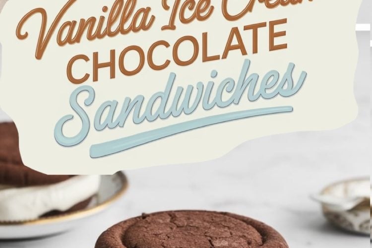 A close-up of a chocolate ice cream sandwich. Vanilla ice cream is sandwiched between two soft chocolate cookies, presented on a white decorative plate with gold detailing.