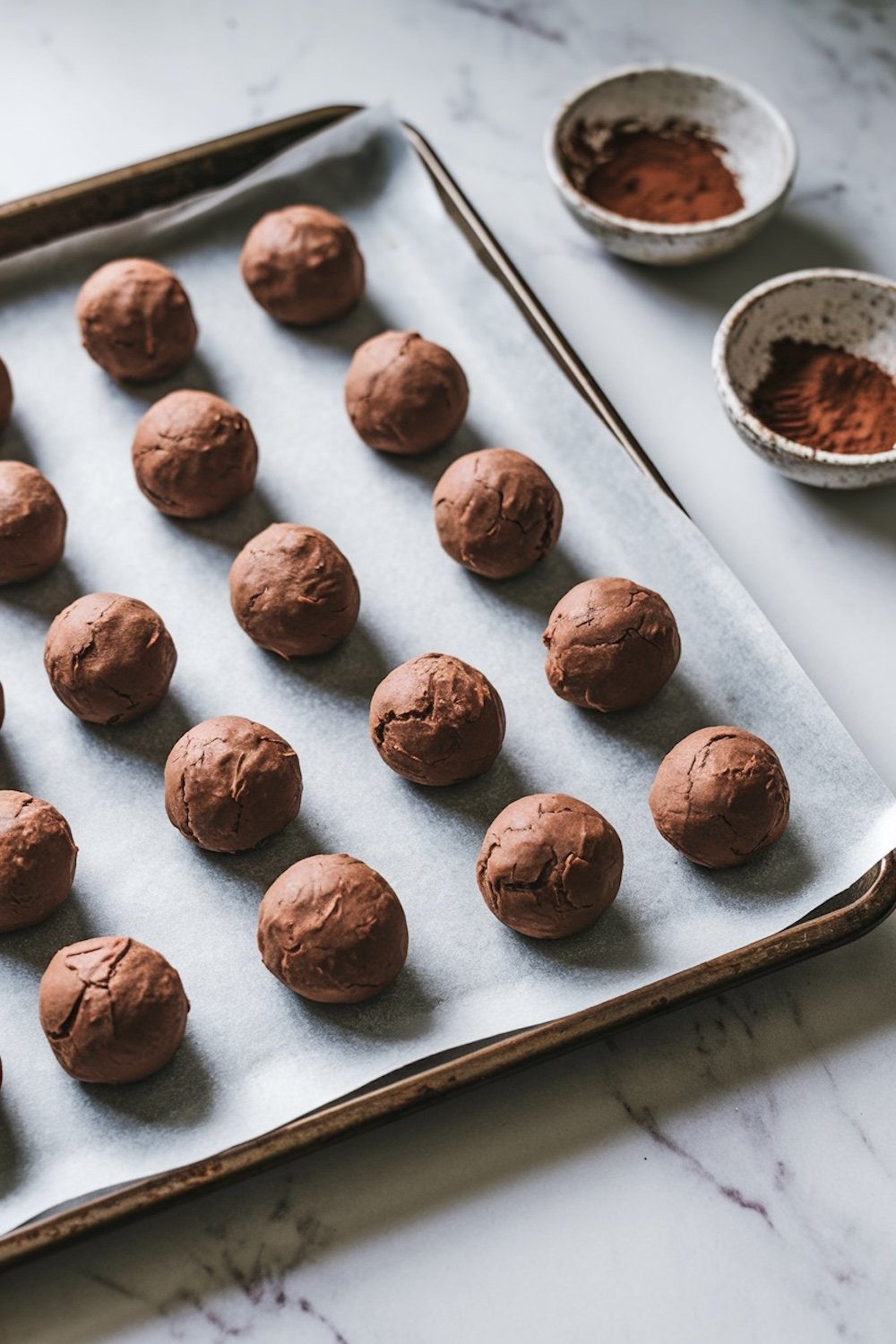 A baking tray lined with parchment paper, neatly arranged with chocolate cookie dough balls ready for baking. Two small bowls of cocoa powder sit nearby on a marble surface.