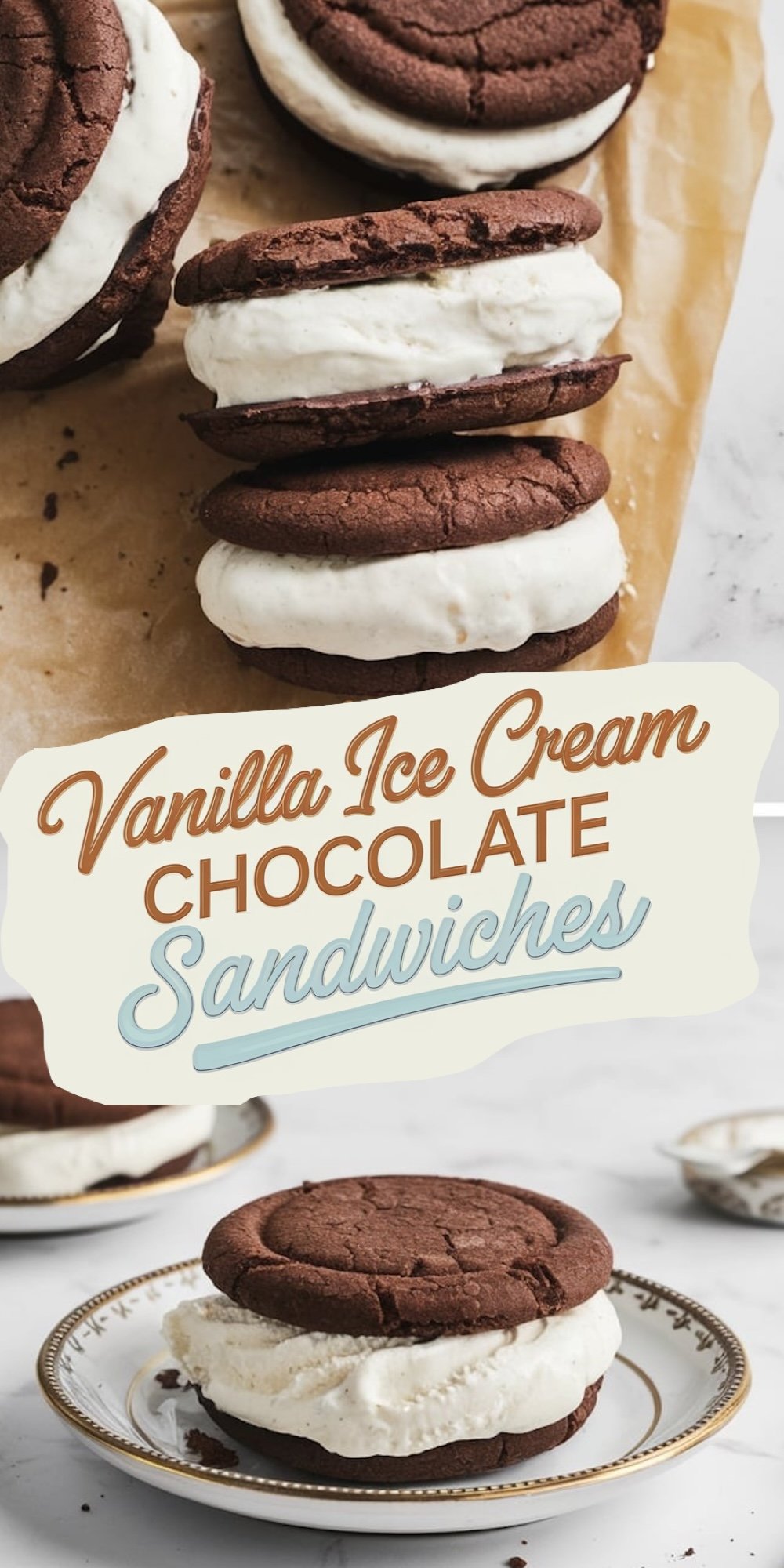 A collage showing homemade vanilla ice cream sandwiched between soft chocolate cookies. The top view displays sandwiches on parchment paper, and the bottom image features a single sandwich served on a decorative plate with a gold trim.