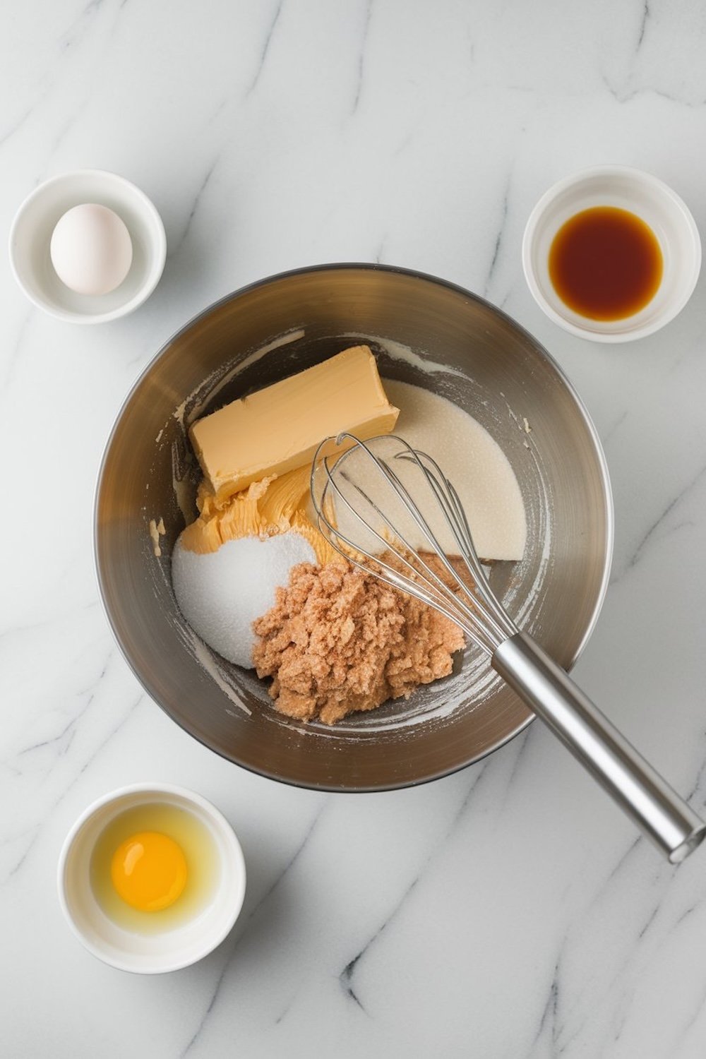 A mixing bowl with softened butter, granulated sugar, and brown sugar, with a whisk placed inside. Additional ingredients, such as a whole egg, a cracked egg, and vanilla extract, are displayed in small bowls around the setup.