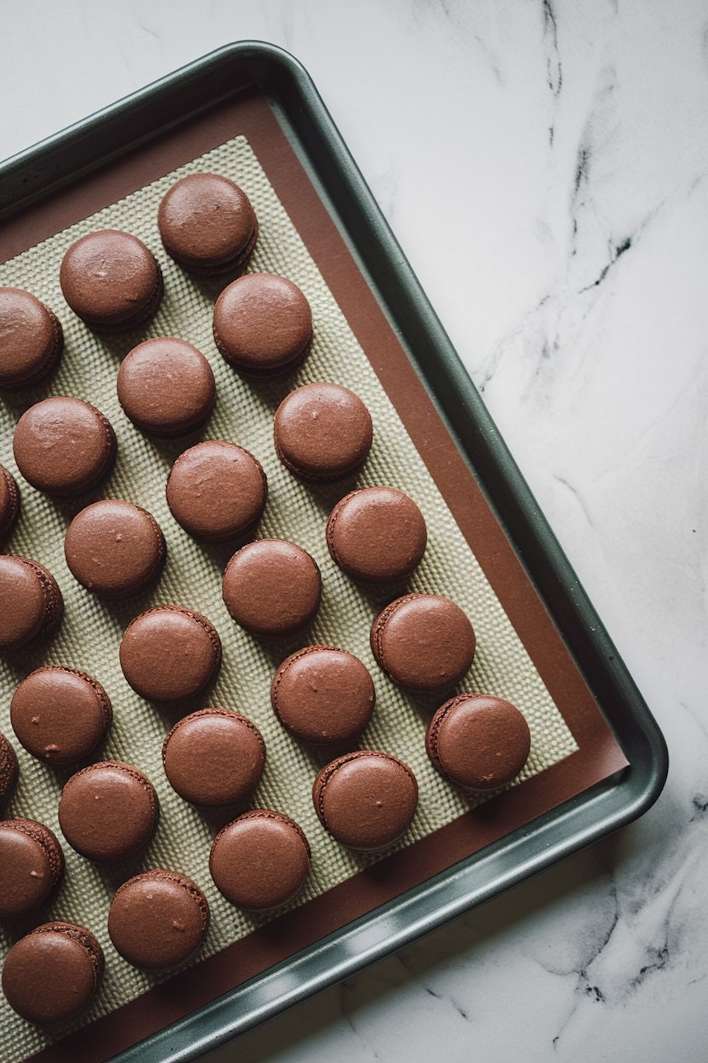 A baking tray filled with rows of freshly baked chocolate macaron shells resting on a silicone baking mat. The shells have smooth tops and delicate feet, ready to be filled with ganache.