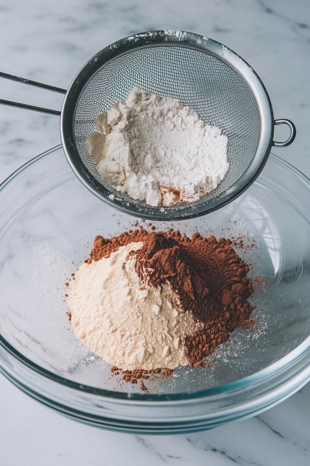 A glass mixing bowl with sifted dry ingredients for chocolate macarons, including cocoa powder, flour, and powdered sugar, being sifted through a metal strainer for a smooth batter.