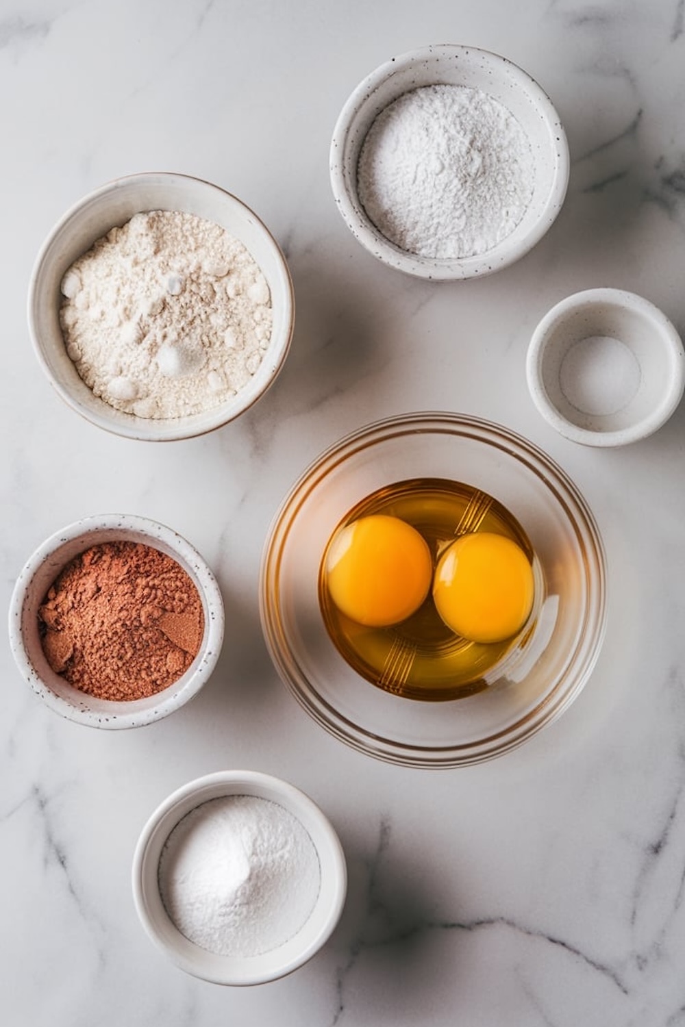 A flat lay of ingredients for making chocolate macarons. Includes bowls of flour, cocoa powder, powdered sugar, granulated sugar, egg yolks, and salt, all neatly arranged on a marble countertop.