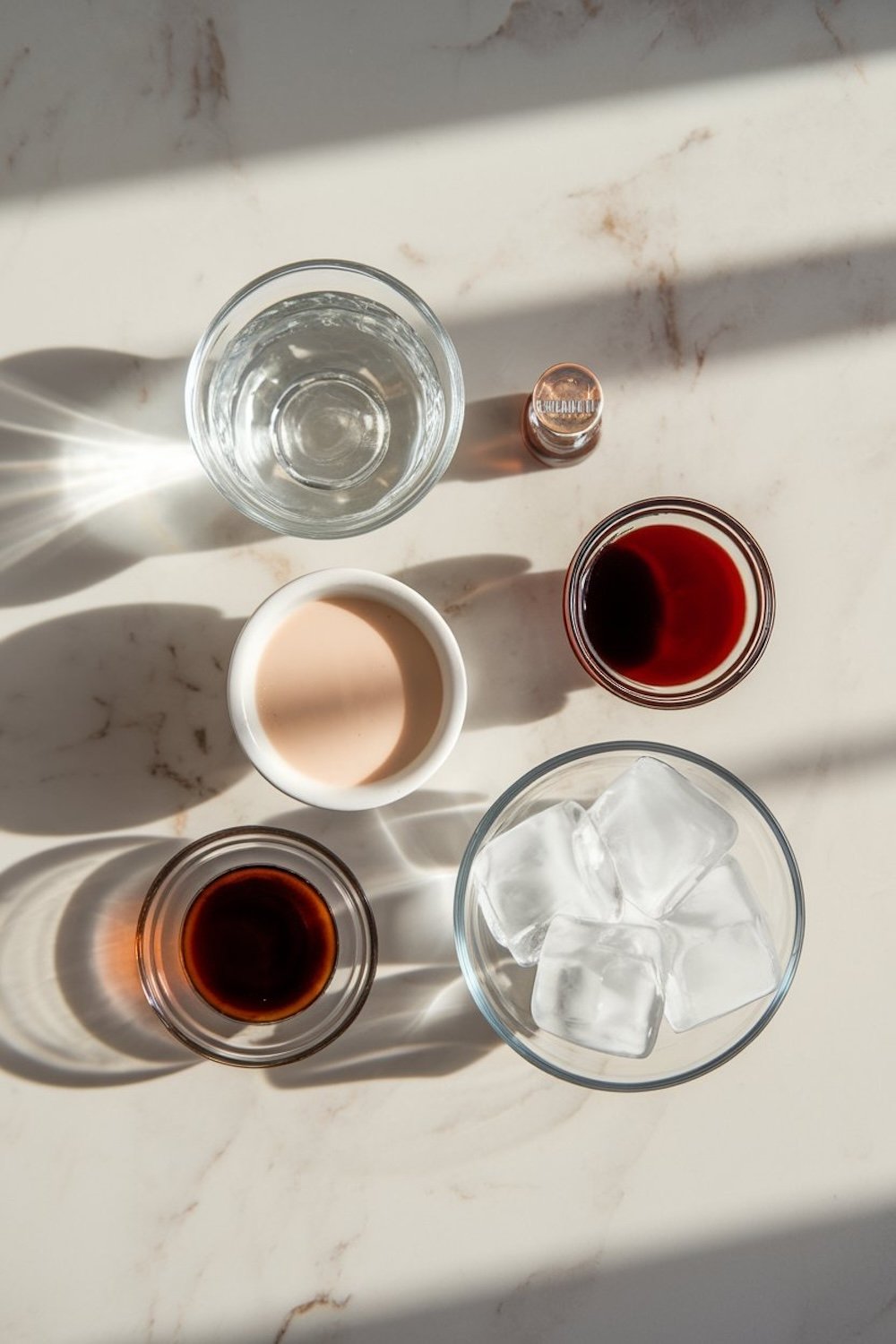  Flat-lay of ingredients for a chocolate martini, including glasses of vodka, cream liqueur, chocolate syrup, coffee liqueur, and ice cubes. The ingredients are placed on a sunlit marble surface.