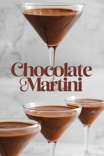 Close-up of a chocolate martini in a martini glass, featuring rich chocolate swirls on the glass and a smooth, creamy texture. The text “Chocolate Martini” is written in bold brown font.