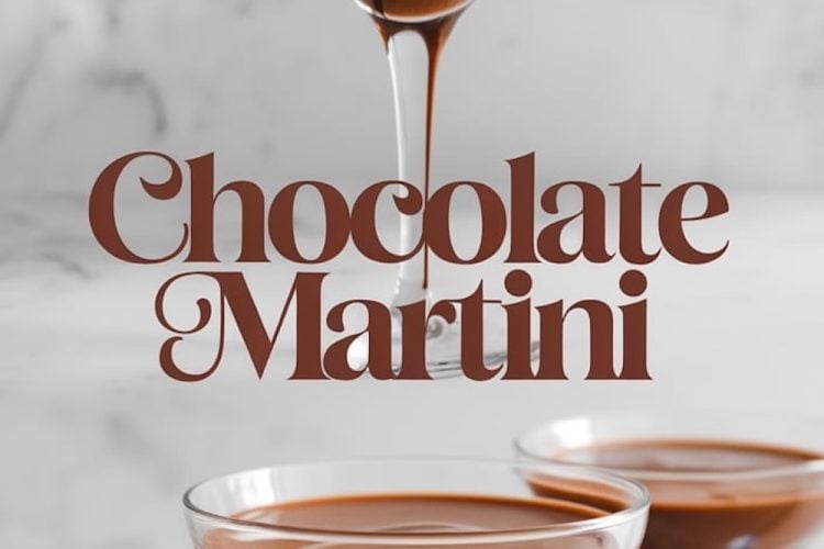 Close-up of a chocolate martini in a martini glass, featuring rich chocolate swirls on the glass and a smooth, creamy texture. The text “Chocolate Martini” is written in bold brown font.