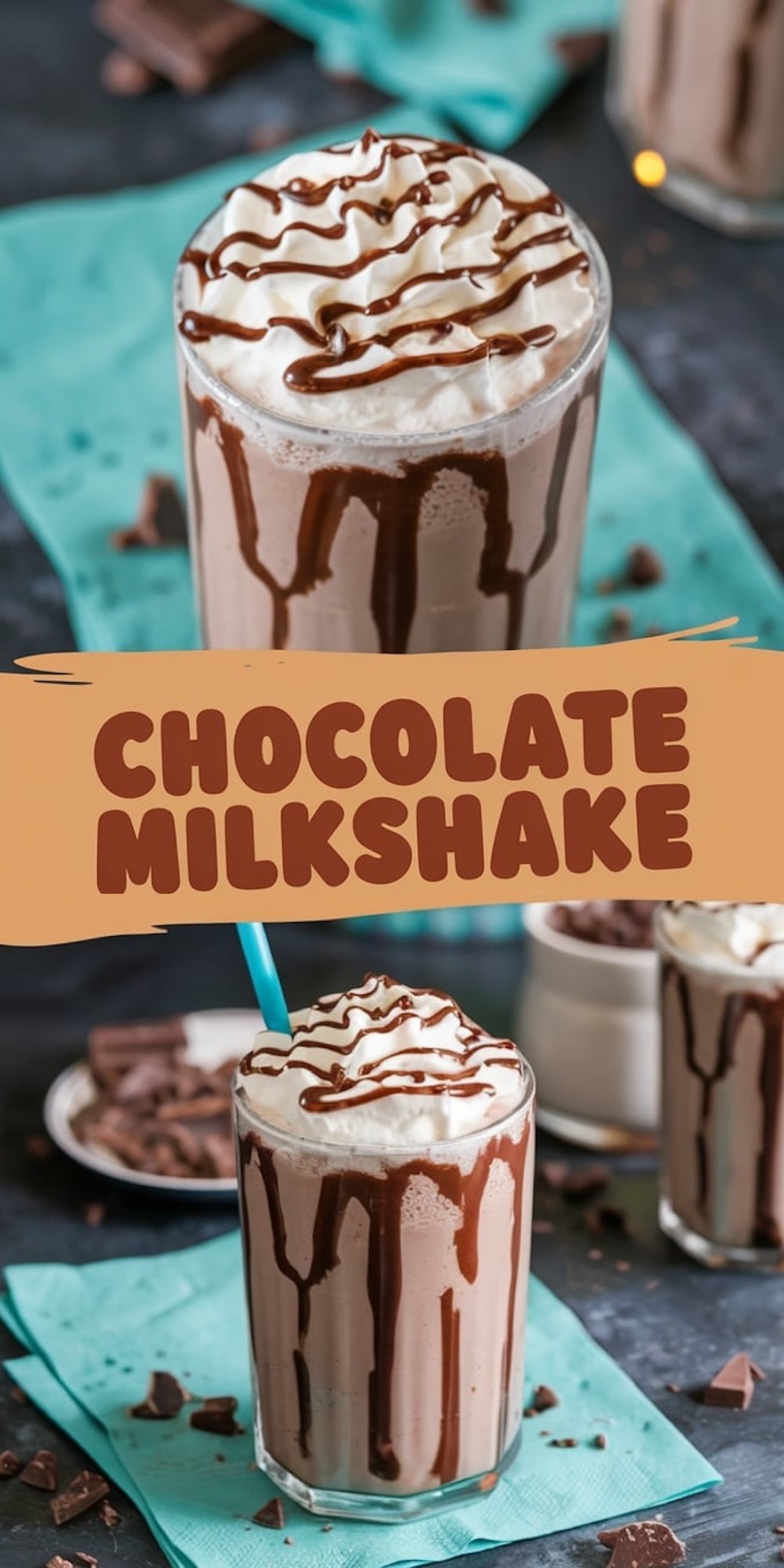A close-up of a chocolate milkshake topped with whipped cream and chocolate drizzle. The milkshake is set on a teal napkin, surrounded by scattered chocolate chunks and a plate of chocolate pieces in the background.