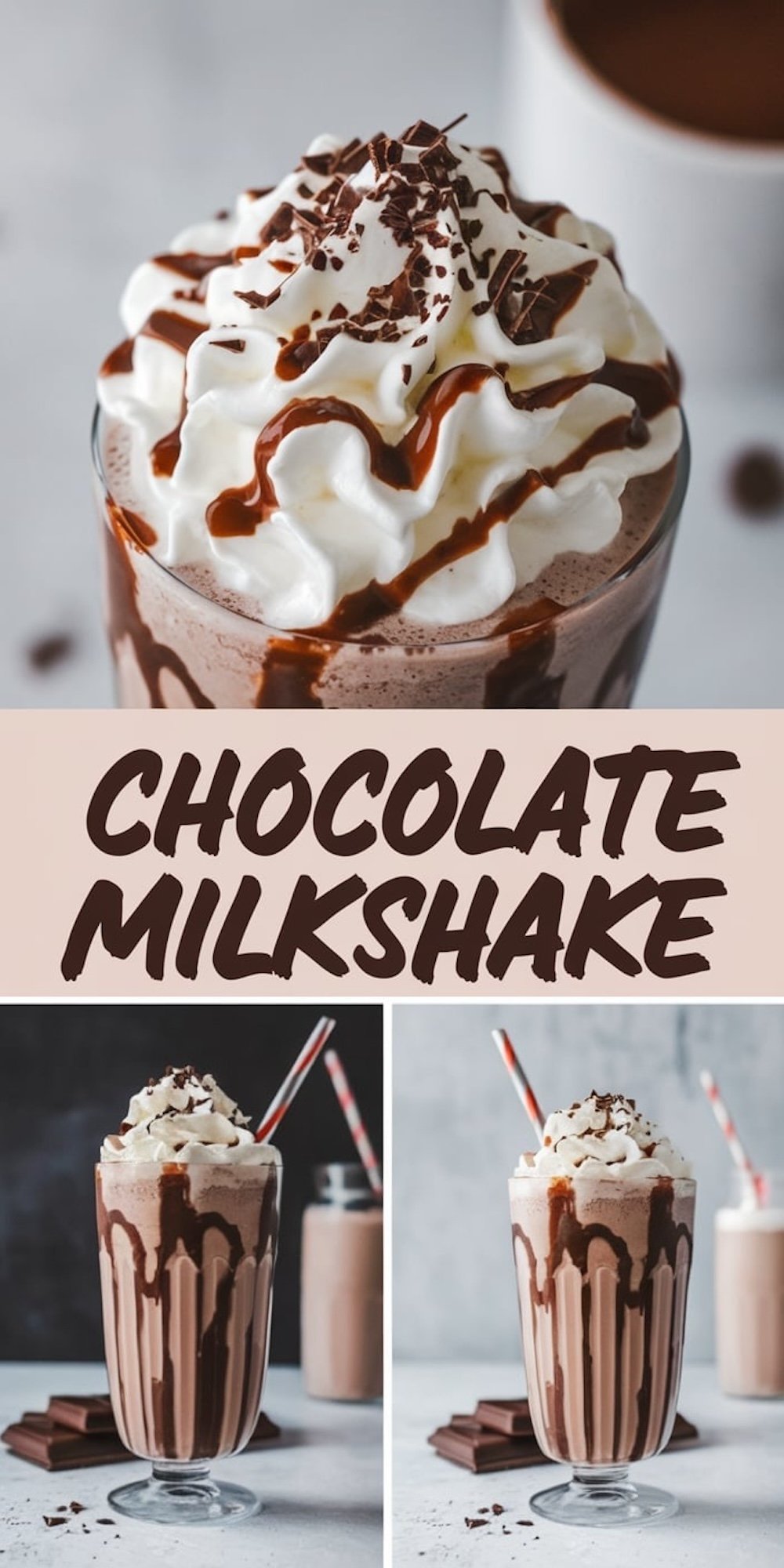 A collage featuring two tall chocolate milkshakes. Each is topped with whipped cream, chocolate drizzle, and chocolate shavings, served with striped straws. The bottom background includes chocolate bars and blurred elements.