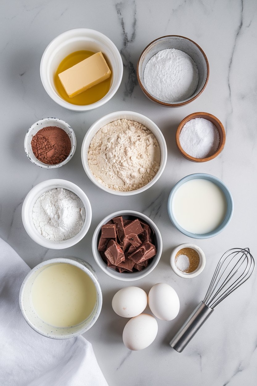 A flat lay of ingredients for chocolate mousse brownies, including butter, flour, cocoa powder, chocolate chunks, eggs, milk, cream, and sugar, arranged in bowls and cups on a marble surface.