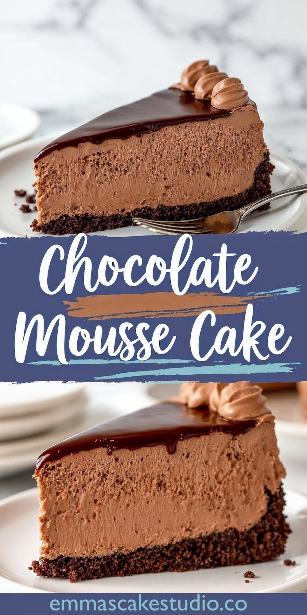 Close-up of a slice of chocolate mousse cake with a thick, velvety mousse layer, a smooth chocolate ganache topping, and a rich chocolate crust. The slice is plated on a white dish, with text overlay reading “Chocolate Mousse Cake,” emphasizing the dessert’s indulgent and luxurious appeal.