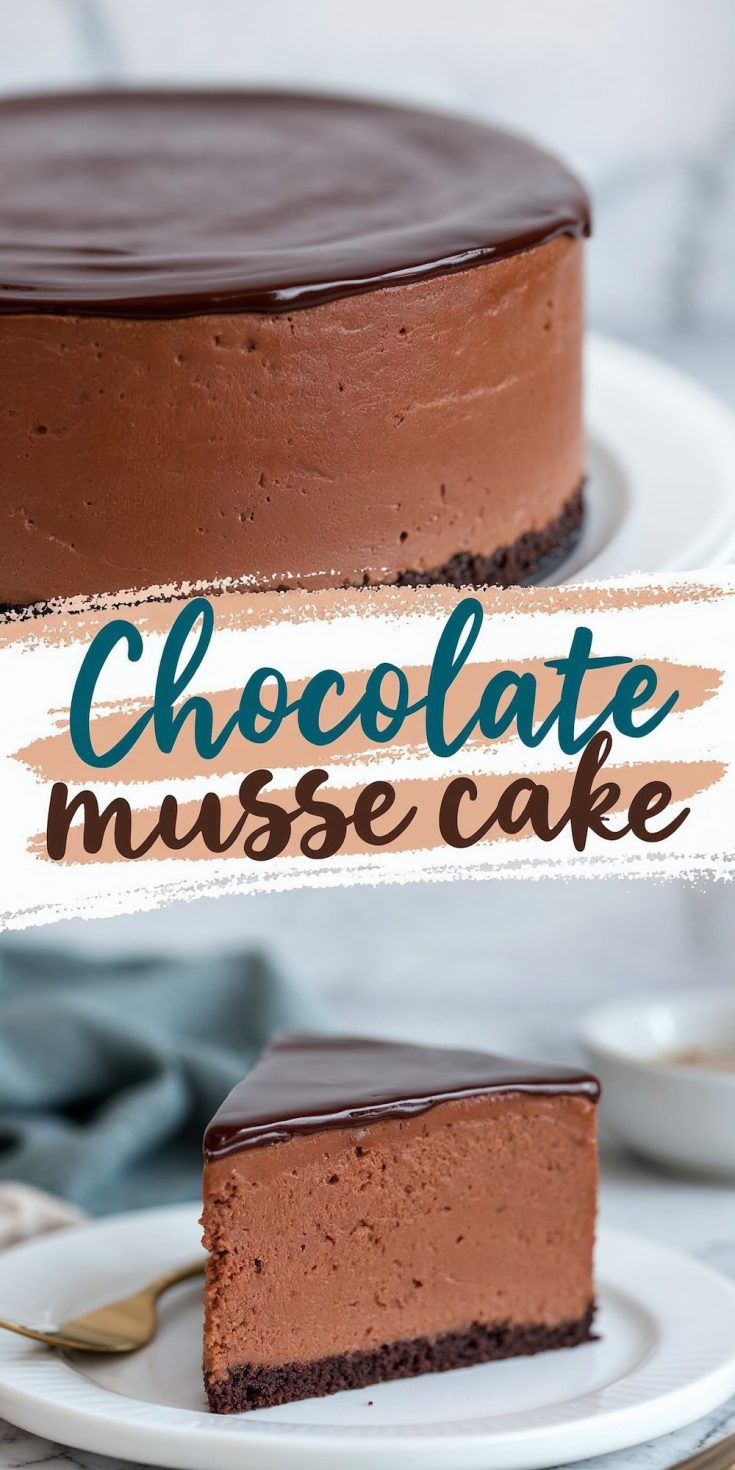 A whole chocolate mousse cake on a white cake stand, featuring a silky ganache glaze on top and a thick layer of airy mousse over a chocolate base. Below, a plated slice of the cake highlights its creamy interior, with text overlay reading “Chocolate Mousse Cake” in bold lettering.