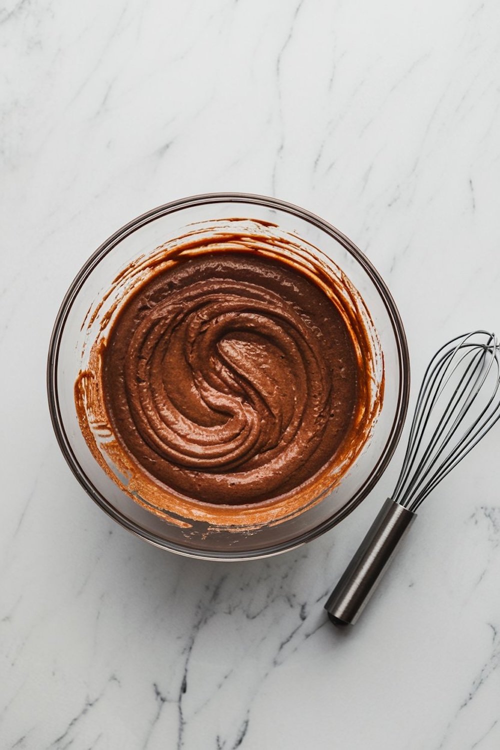 A glass mixing bowl filled with smooth, creamy chocolate cake batter swirled to perfection, highlighting its rich texture and glossy finish. A stainless steel whisk rests beside the bowl, positioned on a white marble countertop, ready for the next step in the baking process.