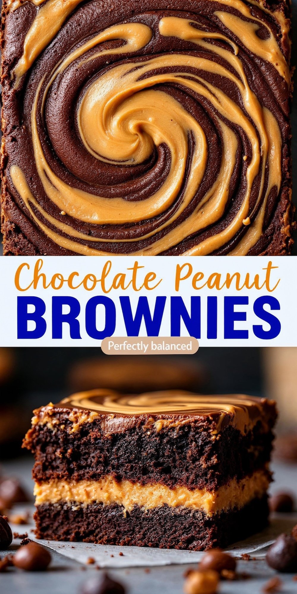A vibrant image showcasing a single slice of chocolate peanut butter brownie, featuring moist chocolate layers and a thick peanut butter filling. The swirl pattern on top glistens under warm light, with chocolate chips scattered around for decoration.