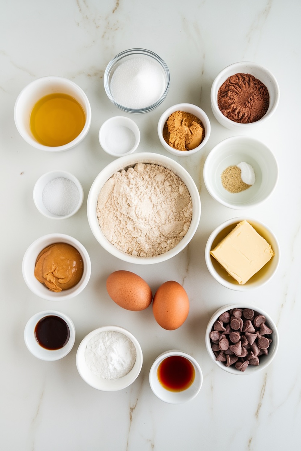 A flat-lay of baking ingredients arranged in small bowls on a white marble surface. Includes flour, sugar, cocoa powder, chocolate chips, peanut butter, butter, eggs, vanilla, and leavening agents, showcasing the essentials for making chocolate peanut butter brownies.