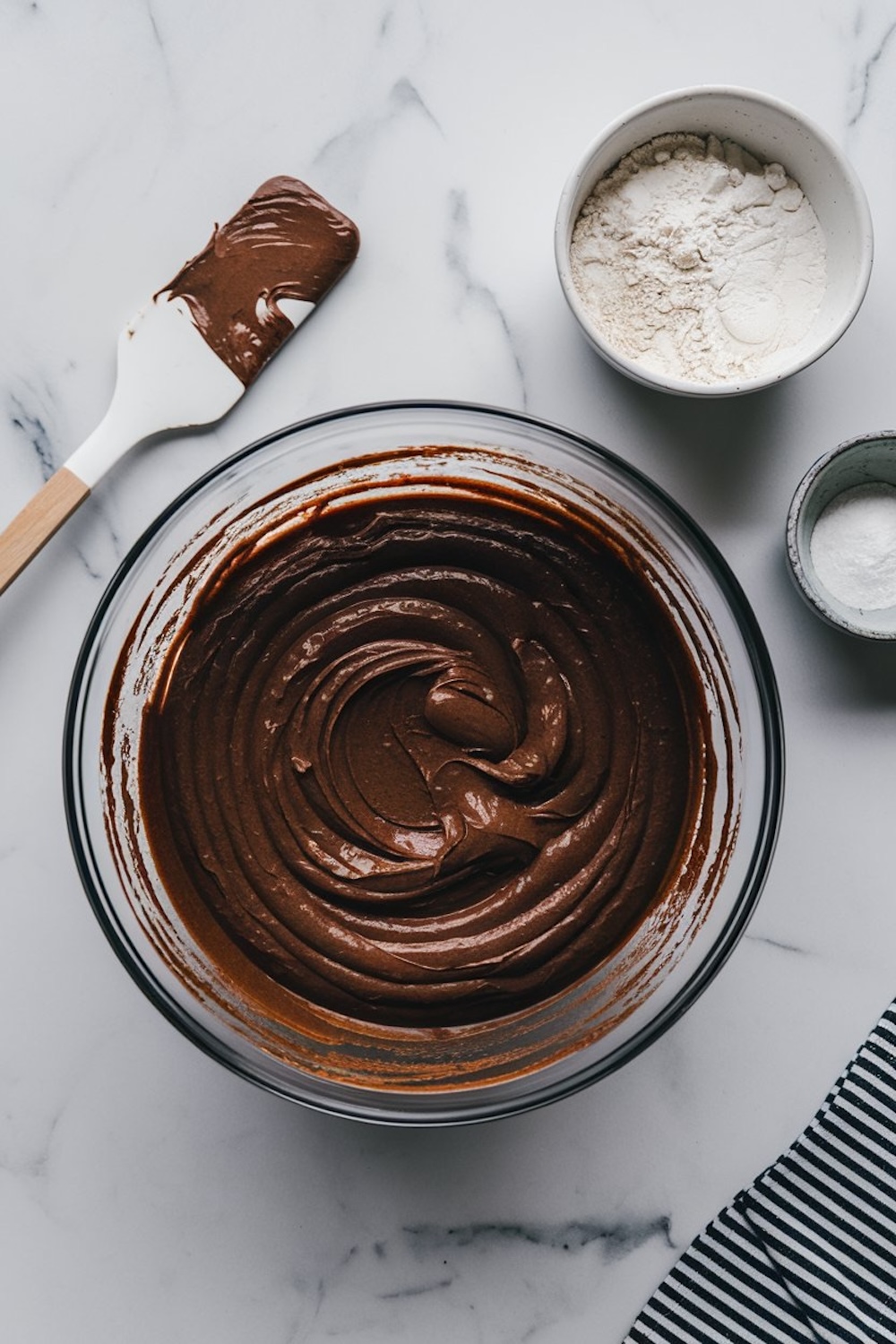 A glass bowl filled with thick, smooth chocolate batter, swirled beautifully. Surrounding the bowl are small dishes of flour and baking powder, along with a white spatula coated in chocolate, placed on a white marble countertop.