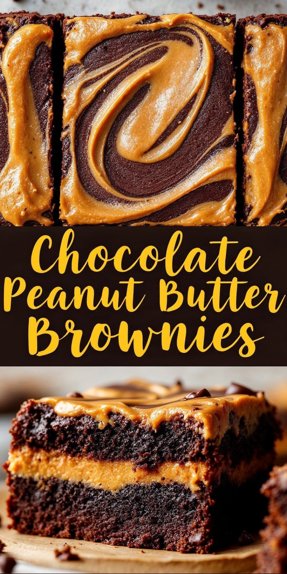 A close-up of sliced chocolate peanut butter brownies with a marbled swirl of chocolate and peanut butter on top. The rich layers of dark chocolate and creamy peanut butter filling are prominent, creating an indulgent dessert aesthetic.