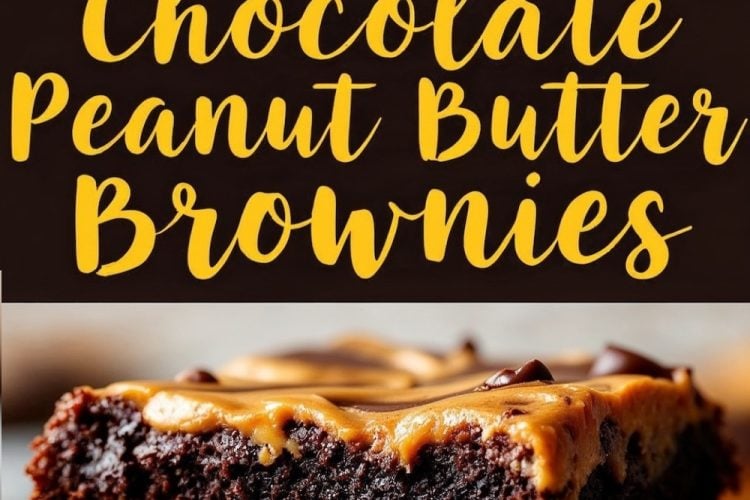 A collage featuring chocolate peanut butter brownies. The top section highlights a close-up of the rich, marbled swirl of peanut butter and chocolate on the brownie surface, showcasing the creamy texture and glossy finish. The bottom section features a single brownie slice with distinct layers of moist chocolate brownie and creamy peanut butter filling, accented by a decadent chocolate topping. The warm lighting enhances the indulgent appearance. Text overlay reads “Chocolate Peanut Butter Brownies” in bold yellow script.